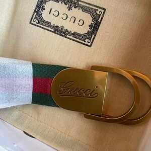 Men’s Gucci Green & Red Web Belt with Gold Logo Buckle 49.5in